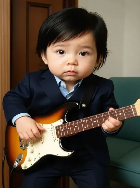 Baby boy in a dark suit holding a miniature guitar