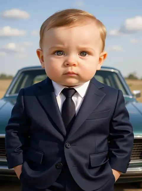 Baby boy in a dark suit standing beside a blue vintage car