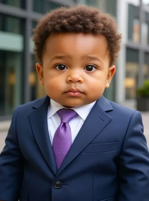 Baby boy in a navy suit against modern city architecture
