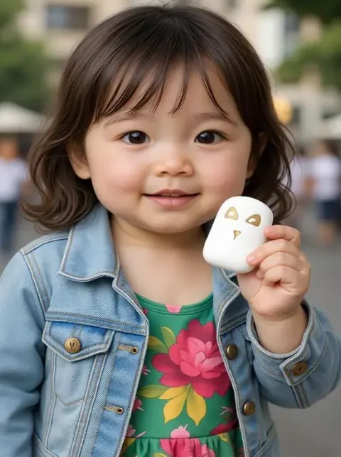 Baby girl in a denim jacket holding a small white object