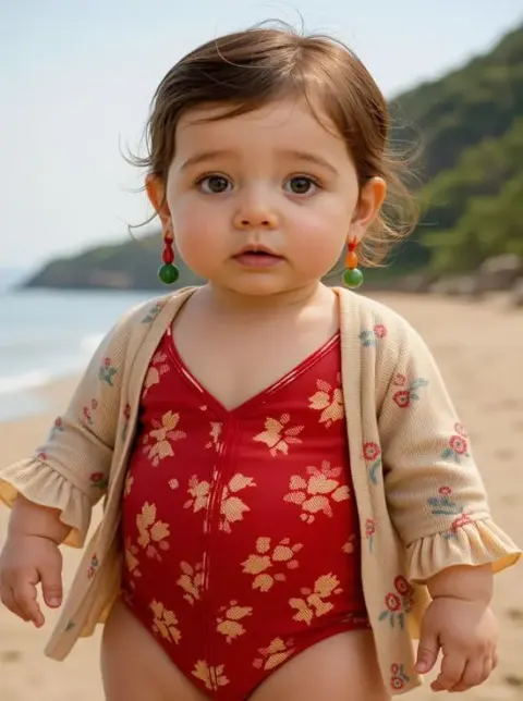 Baby girl standing on a beach in a red floral swimsuit