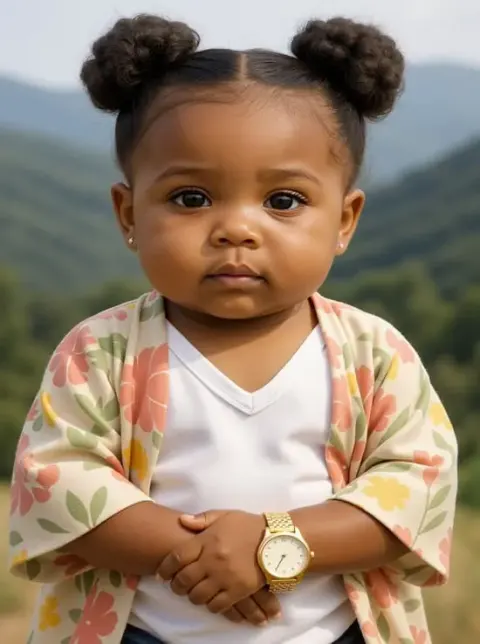 Baby girl with double buns wearing a floral wrap top