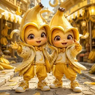 Banana person twins generated by AI Drama Generator.