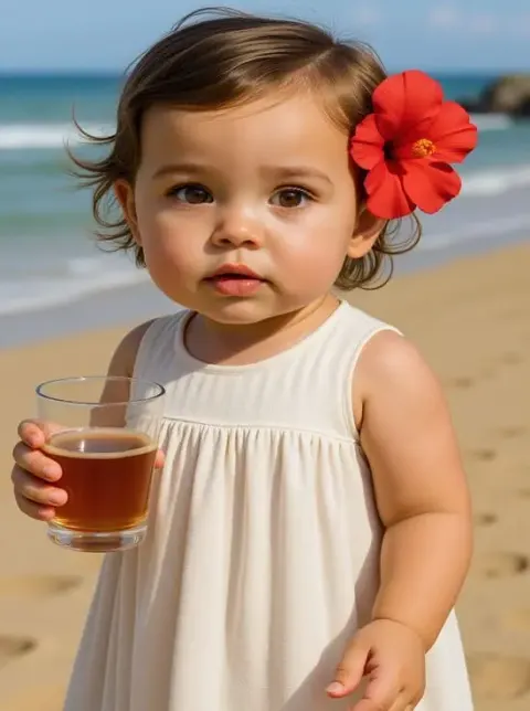 Beachside portrait of a baby girl with a red hibiscus flower