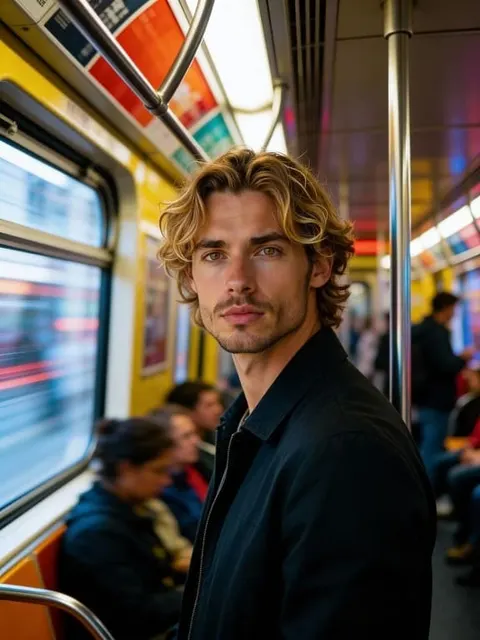 Blonder Mann blickt in einer fahrenden U-Bahn in die Kamera