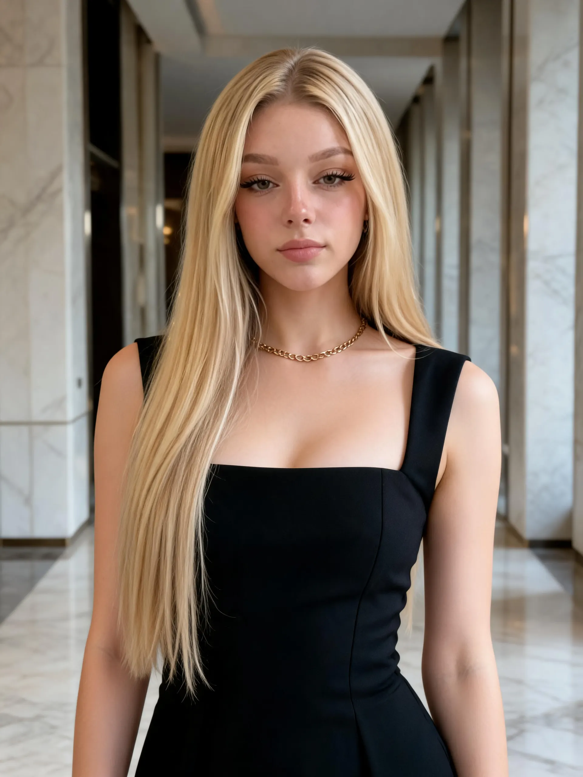 Modèle blonde IA dans une robe noire debout dans un couloir