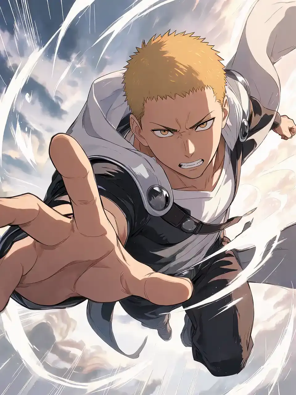 Blonde anime character reaching forward in a fast-moving action scene