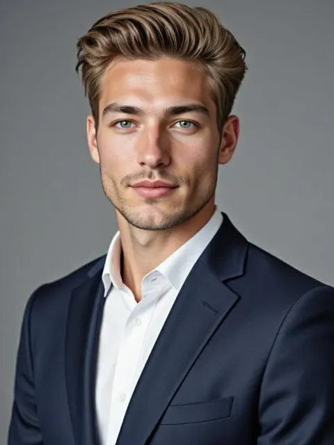 Bewerbungsfoto eines blonden Mannes, kostenloser KI-Bewerbungsbild-Generator