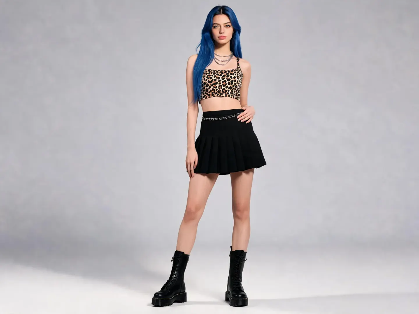 Mannequin aux cheveux bleus en haut léopard et jupe noire sur fond de studio