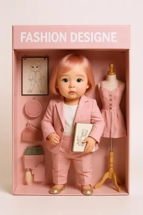 Blythe Doll Ai Generator Modepuppe mit Skizzenbuch und Absätzen.
