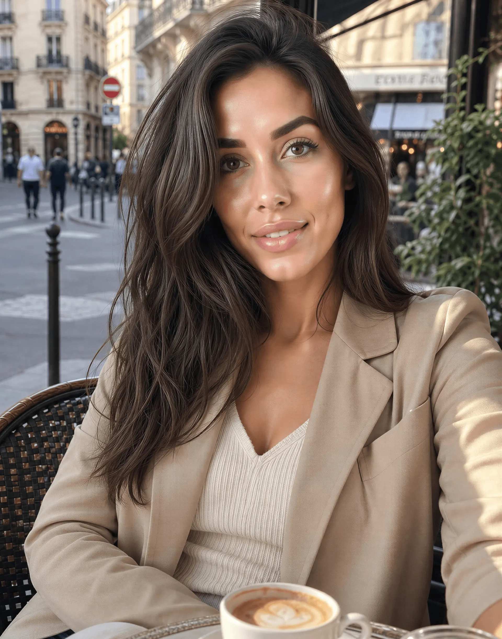 Mulher morena tirando uma selfie de café em uma praça europeia