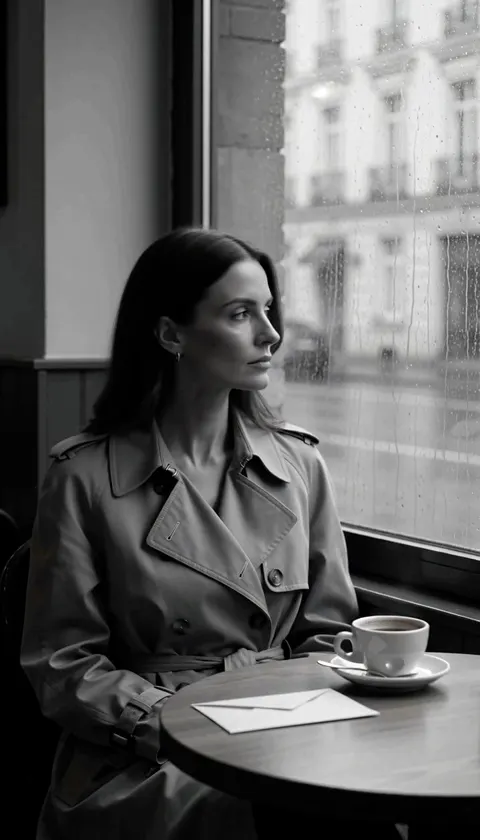 Black-and-white source at 2.5 seconds: woman turns toward the rainy café window