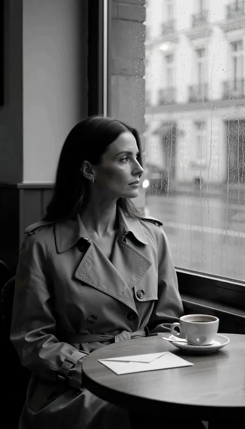 Black-and-white source at 4.5 seconds: woman, cup and envelope near the end of the clip