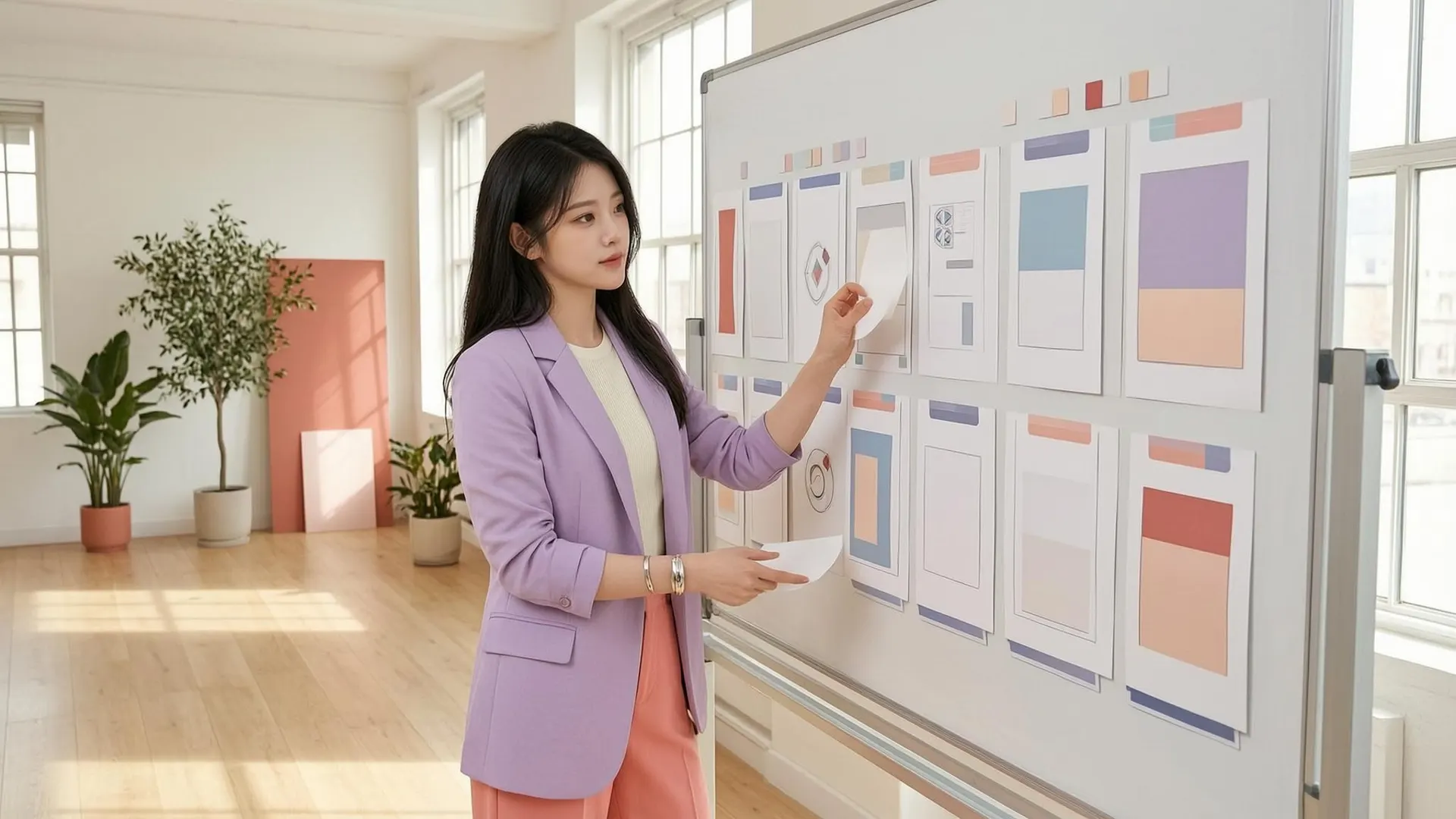 Campaign manager arranging seven visual content cards for an AI influencer publishing plan