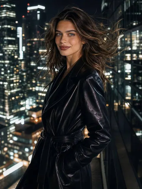 Portrait cinématographique d'un influenceur IA la nuit avec les lumières de la ville et les cheveux soufflés par le vent