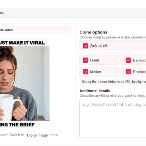 Controles de Clone Video que conservan vestuario, fondo, estilo, movimiento y producto