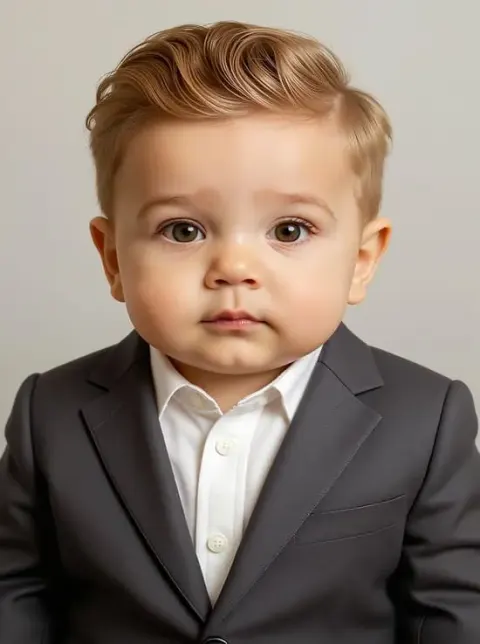 Close-up portrait of a baby boy in a grey suit