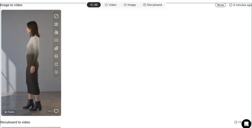 Resultado concluído do APOB Image to Video com uma criadora fictícia no meio da troca de um look claro para um vestido preto