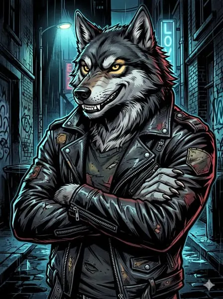 Selbstbewusstes Wolf-Furry-Profilbild mit verschränkten Armen.