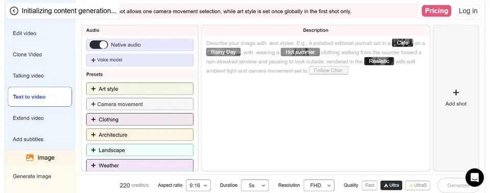 Konfigurieren von Text-zu-Video-Audio-Seitenverhältnis, Dauer, Auflösung und Qualität in APOB AI