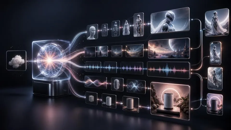 Pipeline multimédia IA connecté reliant les workflows de création de personnages, de cinématiques, d'audio et de produits sur l'alternative APOB AI Sora 2 Pro.