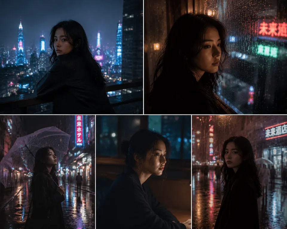Déverrouillez la cohérence de personnages photoréalistes grâce à la fonction Texte en Image de l'IA d'APOB. Une jeune mannequin asiatique est parfaitement conservée à travers cinq scènes sombres de villes futures de style cyberpunk, trempées par la pluie, avec un éclairage néon dynamique et des textures riches. Créez des personas identiques sans effort.