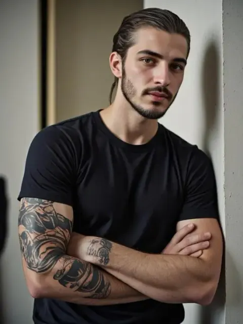 Cooler Typ mit Tattoo auf dem Arm, via kostenlosem KI-Tattoo-Generator