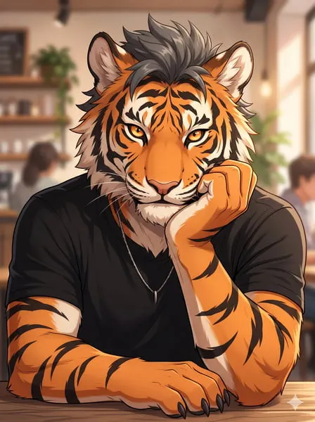 Cooles Tiger-Furry-Profilbild mit einer Hand am Kinn.