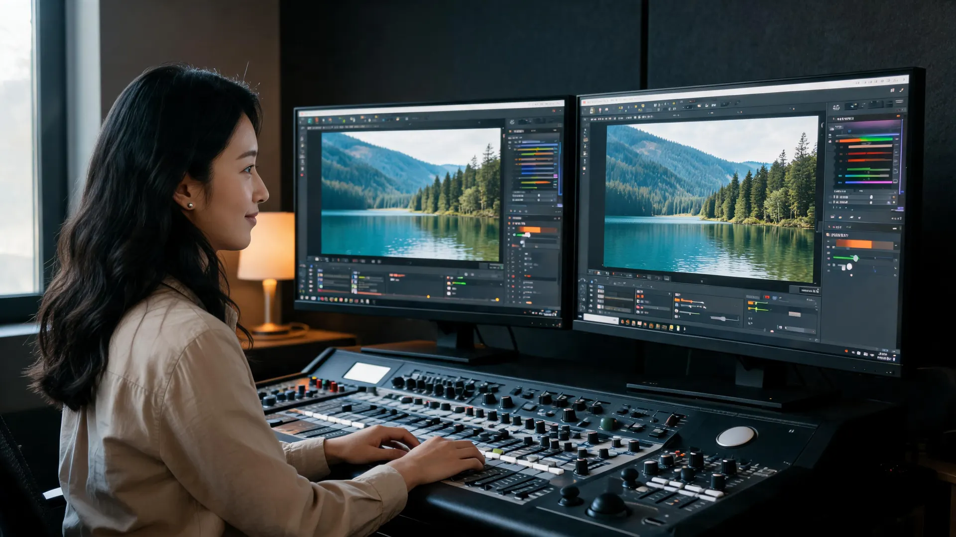 Creatorin vergleicht dieselbe Seeaufnahme auf zwei Color-Grading-Monitoren in einem Studio.