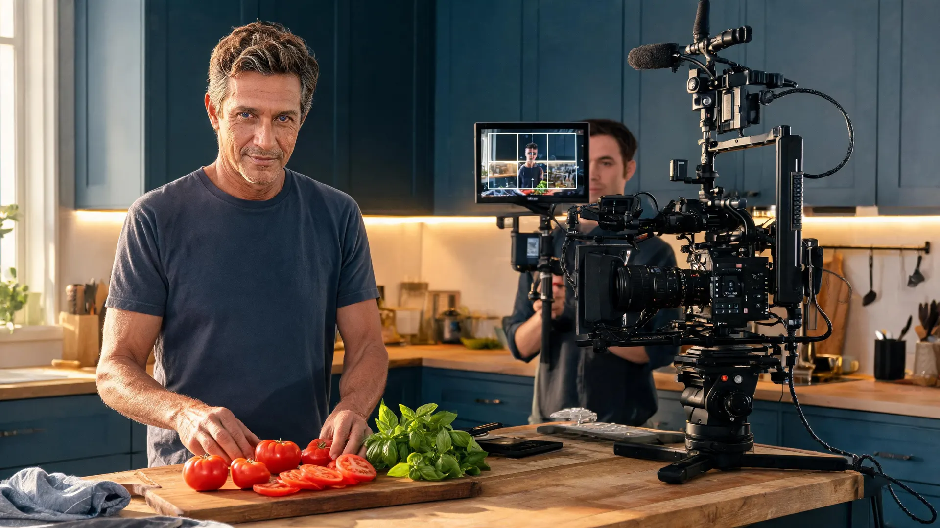 Creator filming a cooking video while checking framing guides on a field monitor in a kitchen.