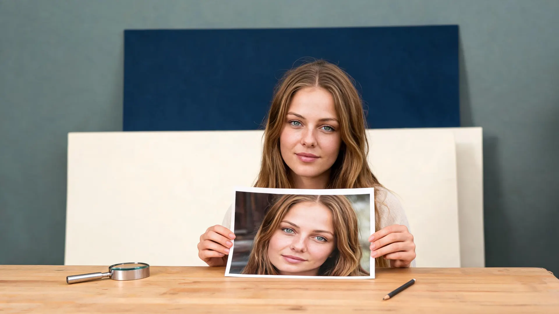 APOB-generated fictional creator reviewing a portrait print at a photography worktable