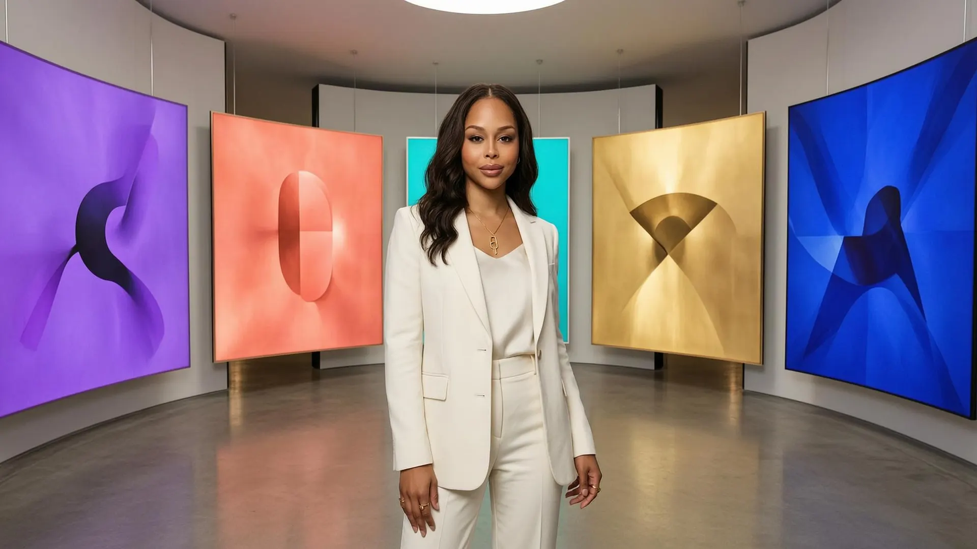 Creator surrounded by five visual boards representing distinct AI influencer content pillars