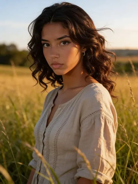Curly-haired woman standing in a golden field at sunset