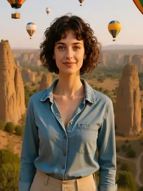 Frau mit lockigem Haar und Heißluftballons im Hintergrund