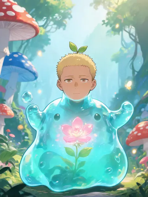 imagem de personagem anime fofo com menino slime da floresta e magia de flor brilhante