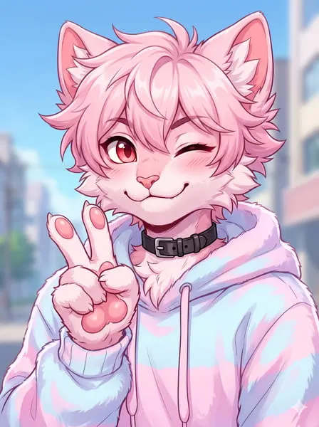 Süßes rosa Katzen-Furry-Femboy-Profilbild, das ein Friedenszeichen macht.