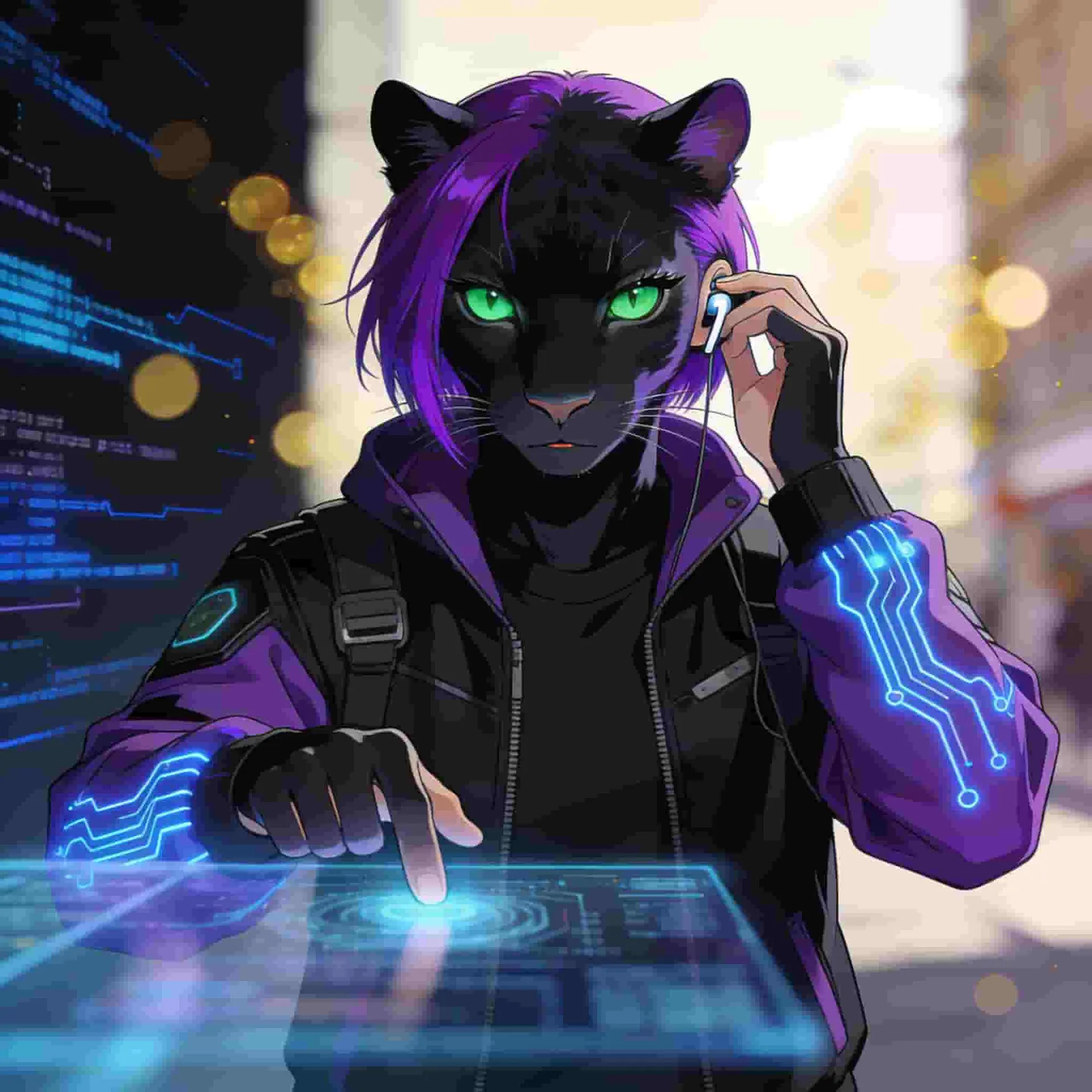 Cyberpunk black panther character using a laptop in neon lighting