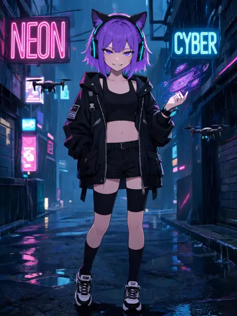 Neon cyberpunk anime girl character design