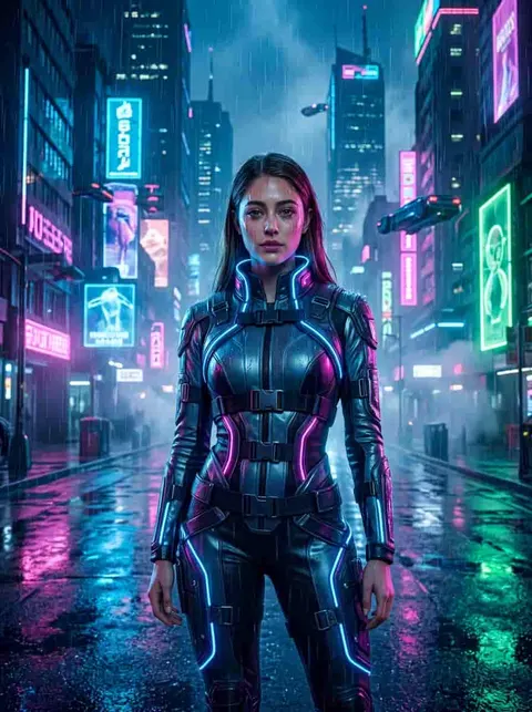 Scène nocturne de la ville cyberpunk du générateur esthétique APOB.