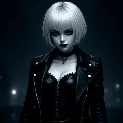 Cyberpunk goth AI anime girl with silver hair in rainy night generated by APOB AI
