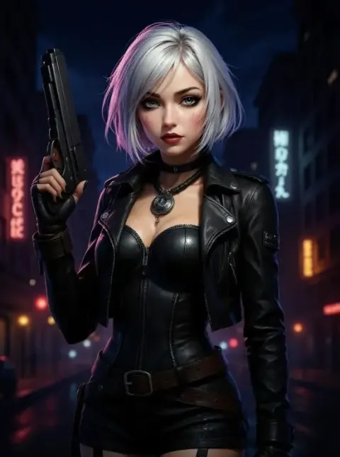 Cyberpunk-Goth-KI-Anime-Mädchen mit silbernem Haar in einer verregneten Nacht