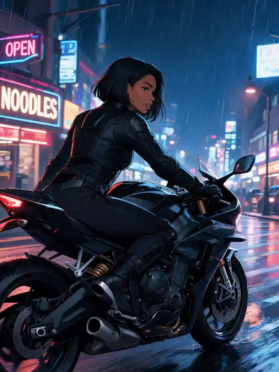 Cyberpunk rider speeding through a neon city at night