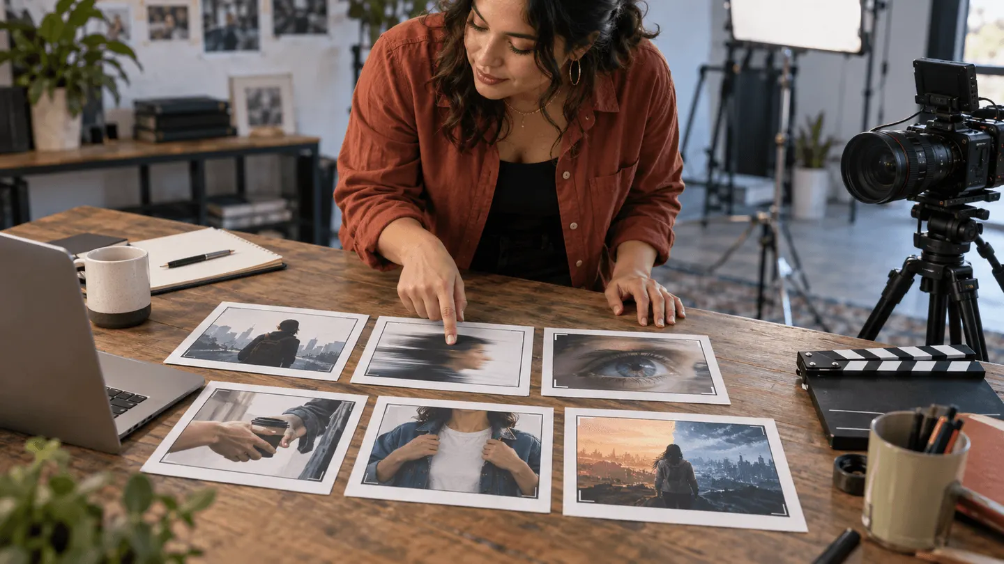 Director arranging six transition storyboard cards before filming