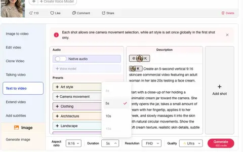 Réglages de durée APOB AI pour un workflow vidéo alternatif à Runway Gen-4.5, avec un prompt de publicité verticale de cinq secondes pour un soin du visage.