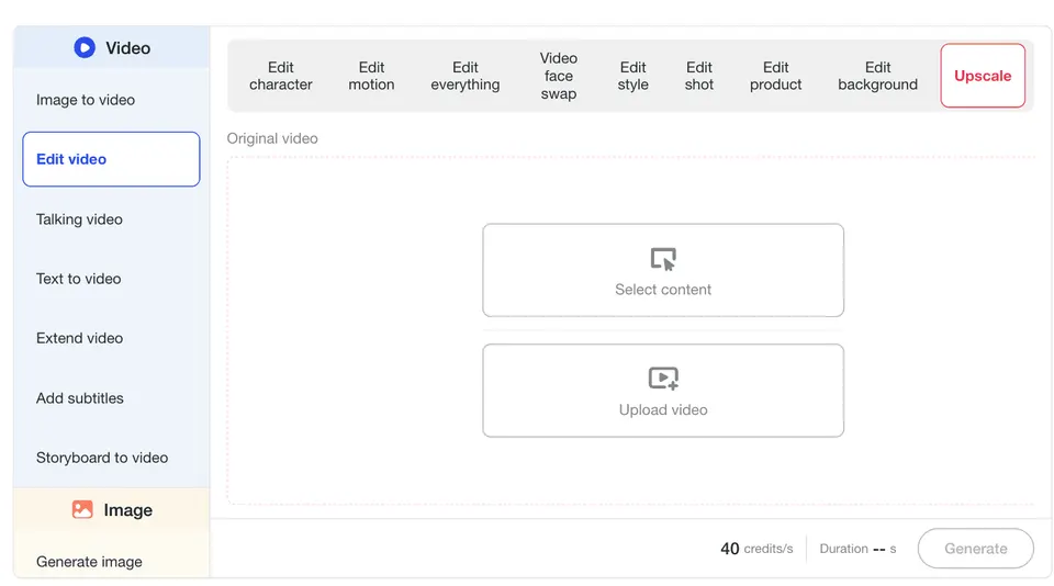 Edit video panel with the Upscale tool selected