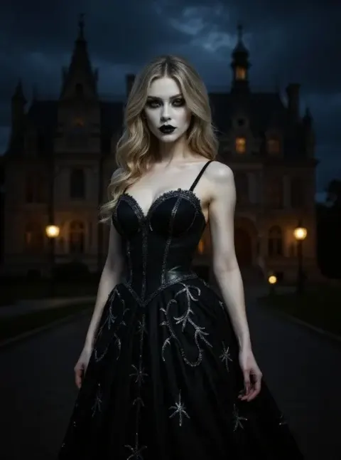Elegantes Goth-KI-Mädchen in einer luxuriösen schwarzen Robe im Palast