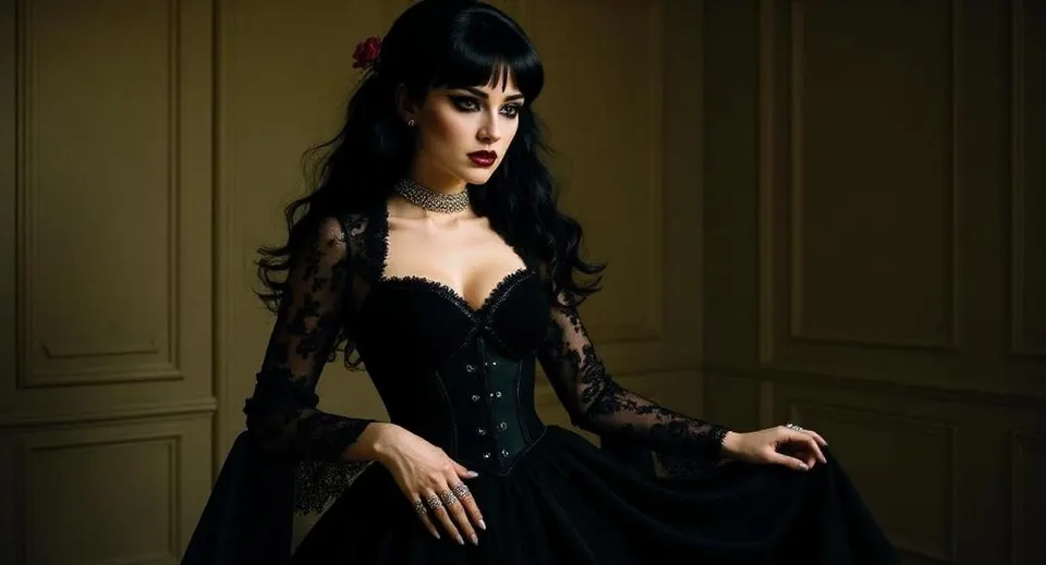 Elegante Frau in einem schwarzen Spitzenkleid mit dunklem Make-up, Silberschmuck und im Schwung fließendem Haar.