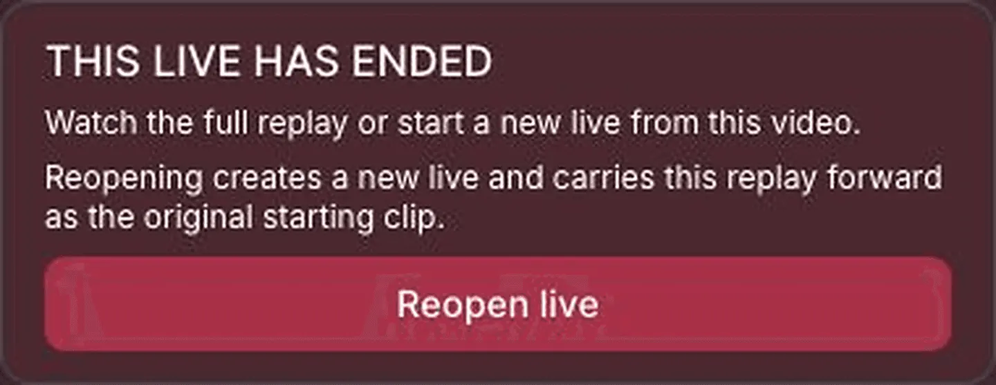 Painel de replay do APOB Live encerrado com a ação ao vivo Reabrir