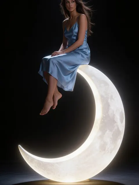 Portrait fantastique d'IA d'une femme assise sur un croissant de lune brillant