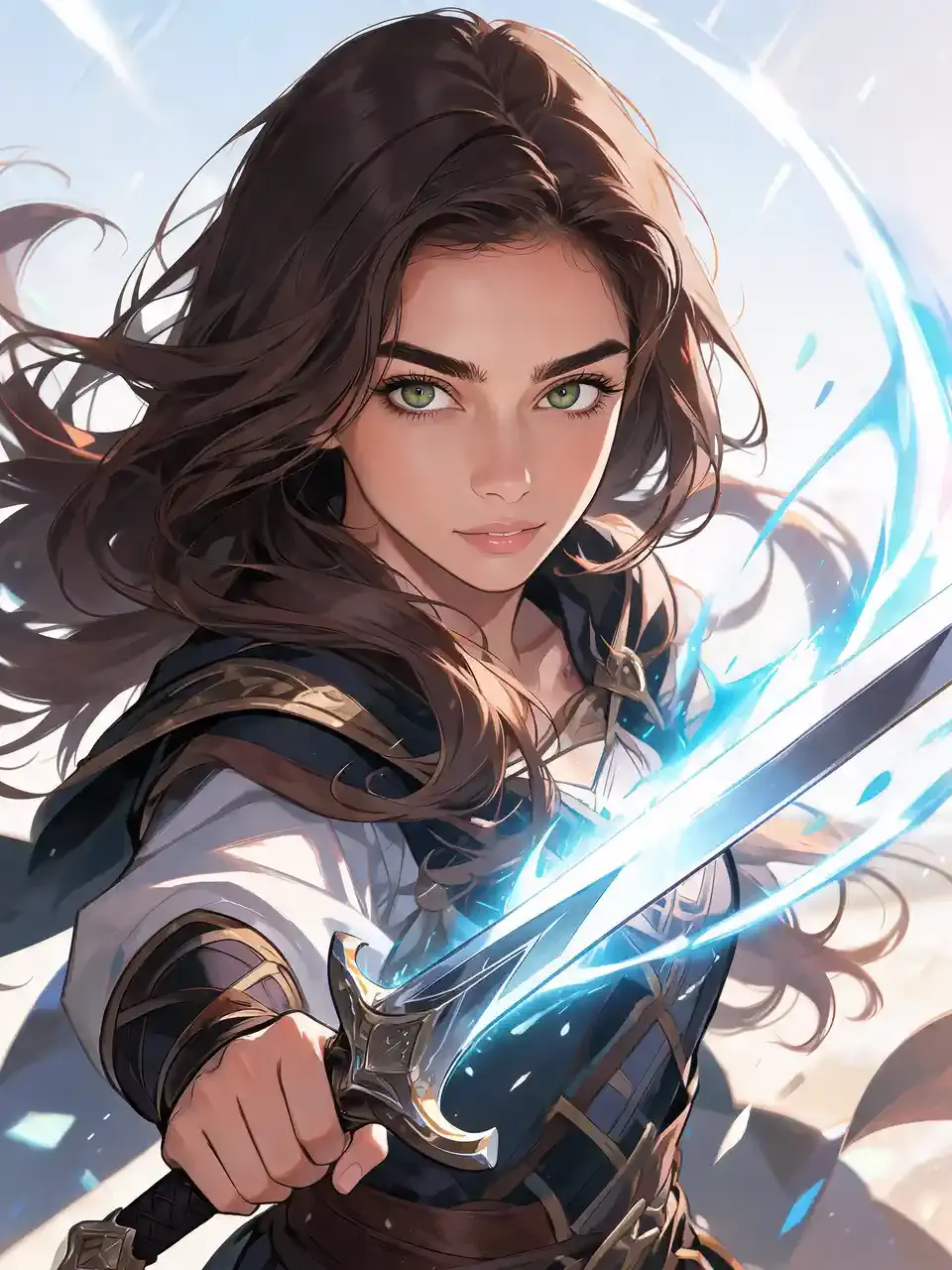 Fantasy warrior holding a glowing blue sword